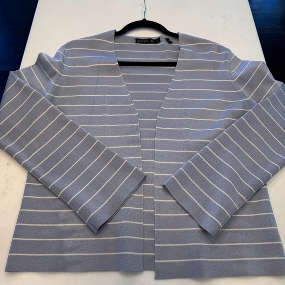 Lafayette 148 Silk Blend Slate Blue Striped Open Front Knit Cardigan Sz M - Picture 8 of 9